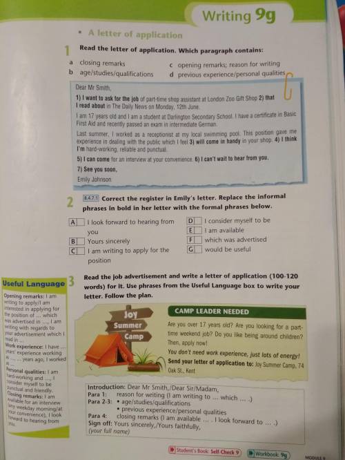 1 Read the letter of application.Which paragraph contains: a)closing remarks b)age/studies/qualifica