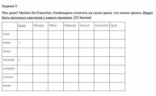 Задание 3. Was passt? Machen Sie Kreuzchen. Необходимо отметить на каком уроке, что можно делать. М