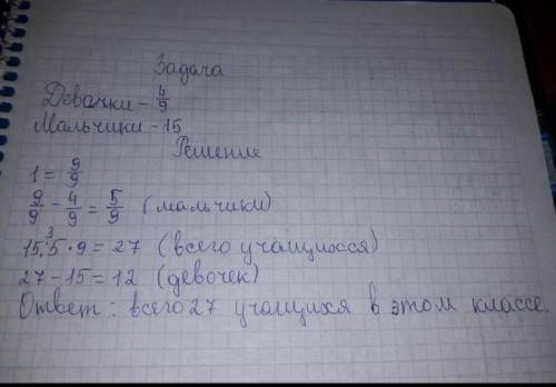  4/9 всех учащихся класса составляют девочки. Сколько в классе всего учеников если в этом классе 15 