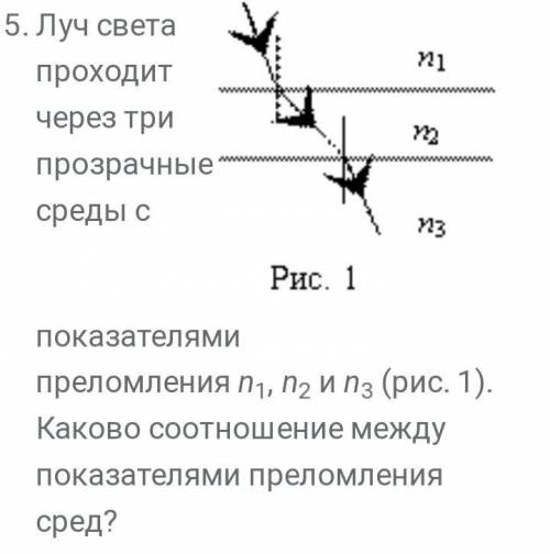 Луч света проходит через три прозрачные среды с показателями преломления n1, n2 и n3 (рис. 1). Како