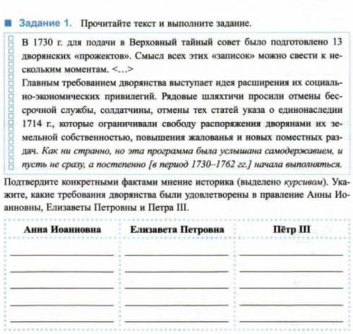 Задание 1. Подтвердите конкретными фамилии мнения историка. Укажите,какие требования дворянства был