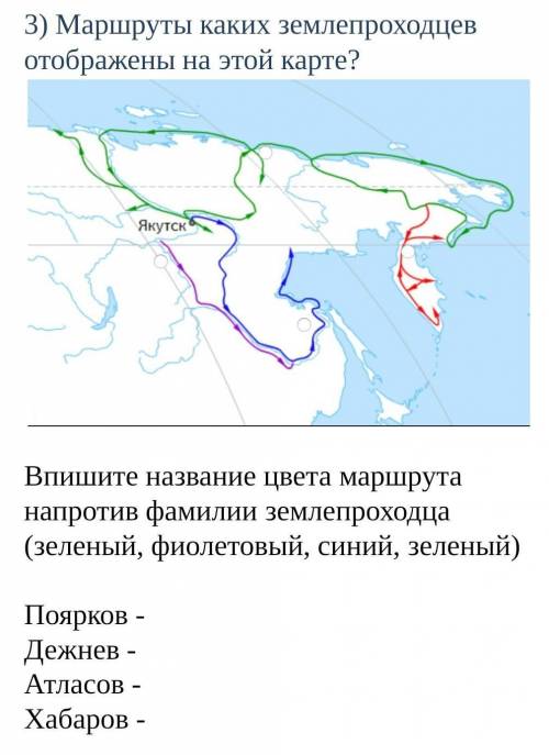 Маршруты каких землепроходцев отображены на этой карте?Впишите название цвета маршрута напротив фам