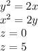 y^{2} =2x\\x^2 = 2 y \\z=0\\z=5