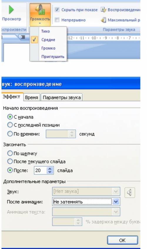 В презентацию, состоящую из 13 слайдов, добавлен звук.Определи настройки для данного звука.Значок з