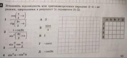 Установите соответствия между тригонометр. примерами и их решениями в результате упрощения