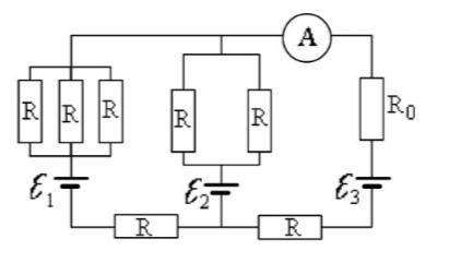 Все сопротивления на рисунке R=6 Ом. Значения ЭДС1=3 В, ЭДС2=6 В, ЭДС3=9 В. Определите, что показыв