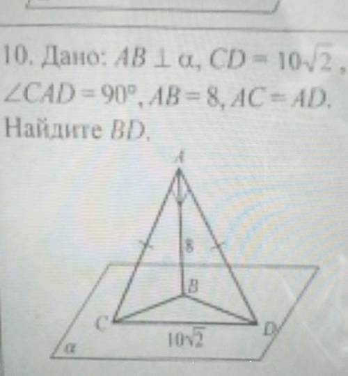 ГЕОМЕТРИЯДано:AB перпендикулярна альфа CD=10корень2уголCAD=90°AB=8AC=AD__________________