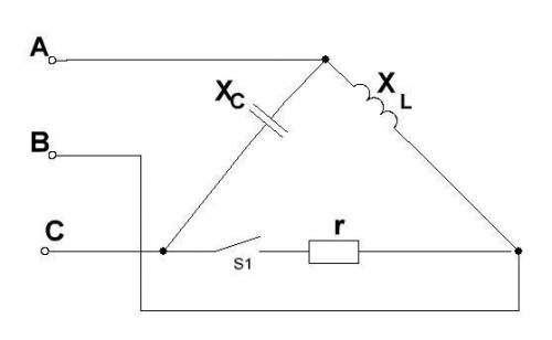 Определить реактивную мощность цепи при замкнутом положении ключа S1,если Uл=180 В, r=90 Ом,XL=180