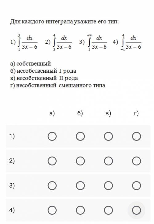 Для каждого интеграла укажите его тип: