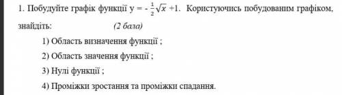 Побудуйте графік функції y = - 1/2 √x +1. Користуючись побудованим графіком, знайдіть: