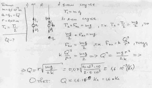 1. На шелковый нити подвешен маленький шарик массой m=0,1г, несущий на себе заряд Q. Если на расстоя
