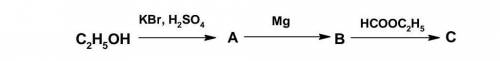 Осуществить превращения:c2h5oh+kbr,h2so4-->A+mg-->B+hcooc2h5-->C​