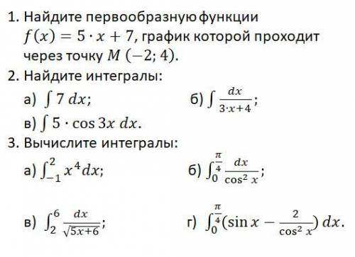 1. Найдите первообразную функции ()=5∙+7, график которой проходит через точку (−2;4). 2. Найдите