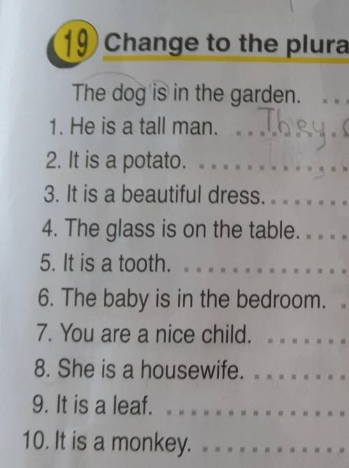 19 Change to the plural as in the example: The dog is in the garden. ..... The dogs are in the ga