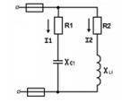 Для разветвленной цепи переменного тока при I1 = 5A, XLI = 6 Ом; ХС2 = 4 Ом; R1 = 3 Ом; R2= 8 Ом.