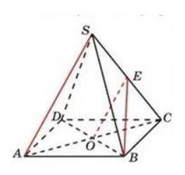 Дано зображення піраміди SABCD. Точка Е – середина SС, точка О – точка перетину діагоналей основи.