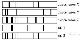 На рисунке показаны спектры поглощения трёх смесей неизвестных газов (Х, Y и Z), а также спектры из
