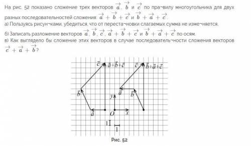 На рис. 52 показано сложение трех векторов a, b и c по правилу многоугольника для двух. См вложение