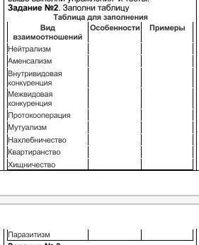 Заполните таблицу. Вид взаимоотношений |Особенности | ПримерыНейтрализм Аменсализм Внутривидовая кон