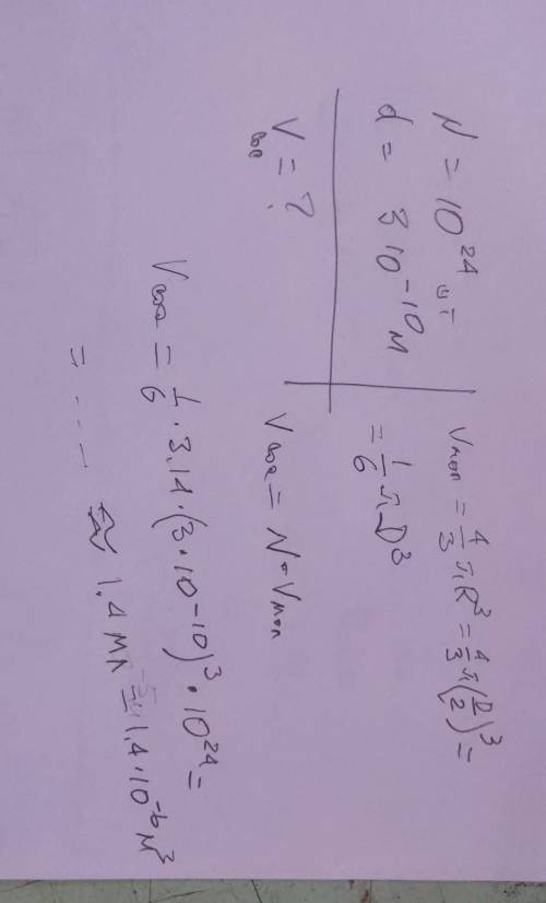 В сосуде содержится 10^24 молекулы воды. Найдите объем сосуда. Диаметр молекулы воды 3*10^-10 м