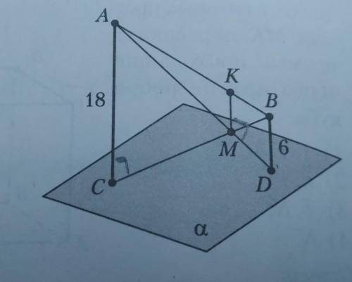 Дано: AC, BD перпендикулярно плоскости alfa, MK параллельно AC. найти расстояние от точки K до плоск