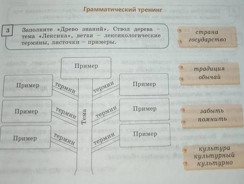 Заполните древо знаний. ствол дерева тема- лексика, ветви- лексикологическое термины, листочки при