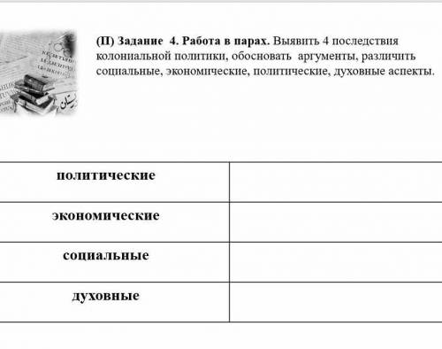 Выявить 4 последствия колониальной политики, обосновать аргументы, различить социальные, экономическ