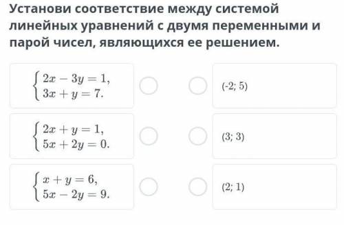 Установи соответствие между системой линейных уравнений с двумя переменными и парой чисел, являющихс