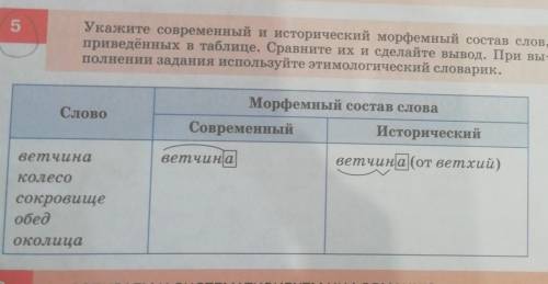 3) 5 Укажите современный и исторический морфемный состав слов,приведённых в таблице. Сравните их и с