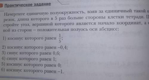 Начертите единичную полуокружность, взяв за единичный такой от резок, длина которого в 5 раз больше