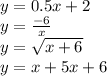 y = 0.5x + 2 \\ y = \frac{ - 6}{x} \\ y = \sqrt{x + 6} \\ y = x + 5x + 6