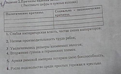 Задание 2.Причины падения Западной Римской империн ( Расставьте цифры в нужные колонки)Политические