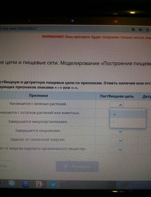 Сравни пастбищную и детриную пищевые цепи по признакам. Отметь наличие или отсутствие соответствующи