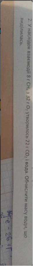 У наслідок взаємодії 8 г CH4 з 32 г O2 утворилось 22г CO2 і вода. Обчислити масу води, що виділилась