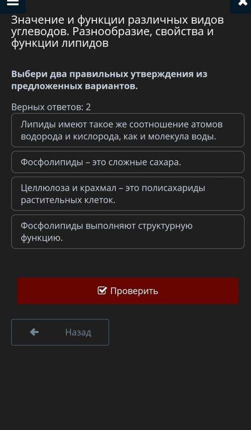 Выбери два правильных утверждения из предложенных вариантов. Верных ответов: 2Липиды имеют такое же