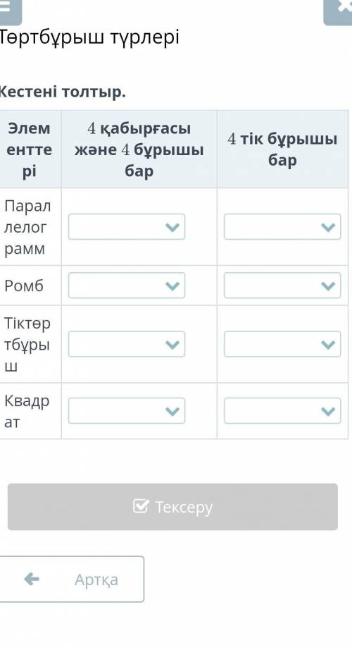 Элементтері4 қабырғасы және 4 бұрышы бар4 тік бұрышы бар​