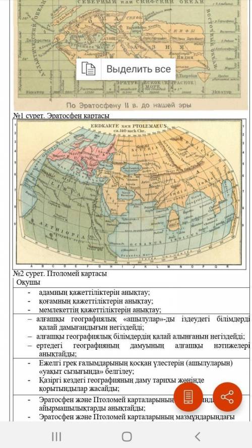 номер 1 және 2 суреттер бойынша, Эратосфен және Птоломейдің карта мазмұндарын салыстыр. Салыстыру қо