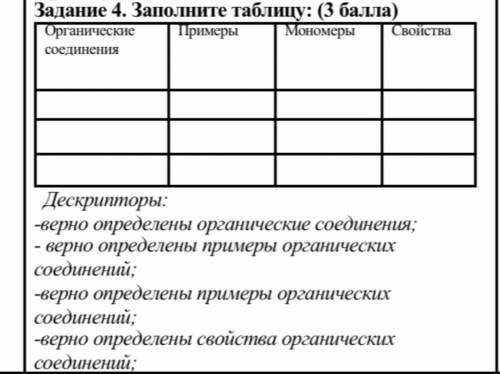 Заполни таблицу. Органические соединения, примеры, мономеры, свойства. Не менее 5 примеров