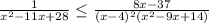 \frac{1}{x^{2}-11x+28 } \leq \frac{8x-37}{(x-4)^{2}(x^{2} -9x+14)}