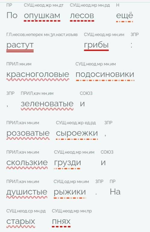 разобрать предложения синтаксически: По опушкам лесов ещё растут грибы: красноголовые подосиновики,