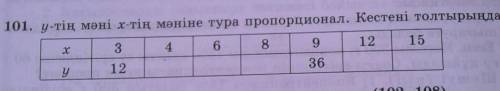 У тің мәні х тің мәніне тура пропорционал. Кестені толтыр. 101 есеп​