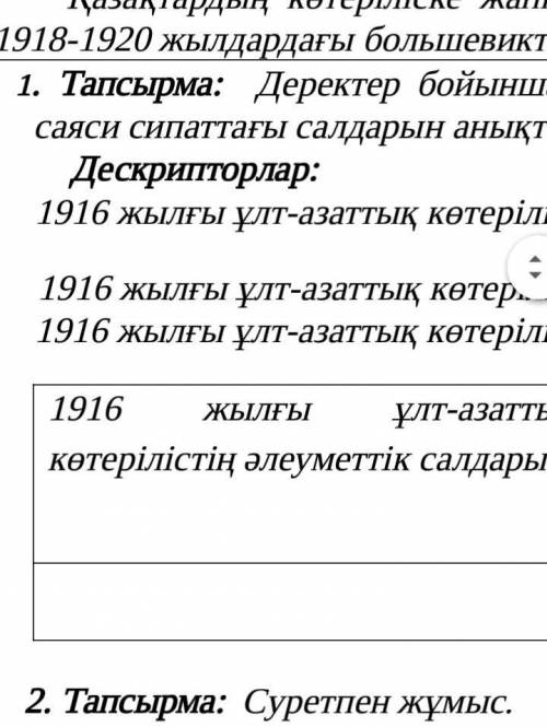 1916 жылғы ұлт-азаттық көтерілістің әлеуметтік салдарын анықтайды      1916 жылғы ұлт-азаттық көтері