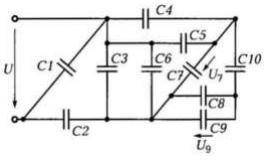 Дано: С1 = С2 = 6 мкФ; С3 = С6 = 5 мкФ; С4 = С5 = 1 мкФ; С7 = 3 мкФ; С8 = С9 = 2 мкФ; C10 = 4 мкФ; О