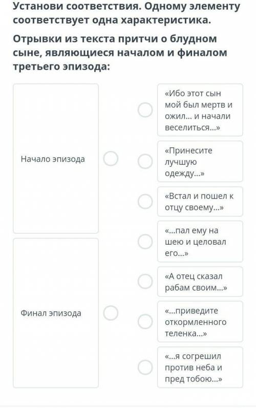 Установи соответствия. Одному элементу соответствует одна характеристика. Отрывки из текста притчи о