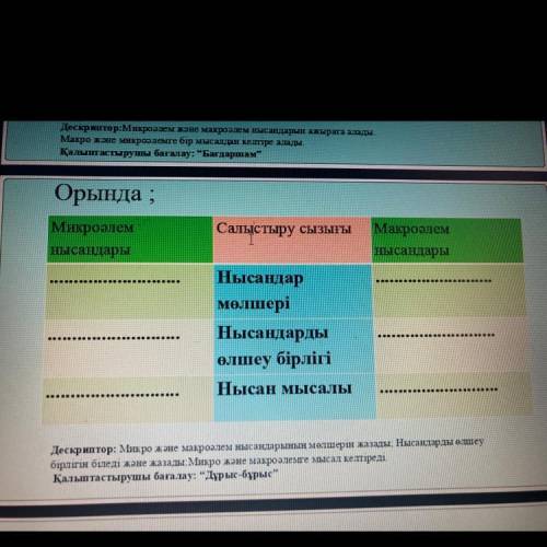 Орында ; Микроәлем нысандары Салыстыру сызығы І Макроәлем нысандары Нысандар мөлшері Нысандарды өлше