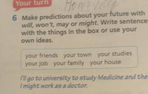 Your turn Home vert6 Make predictions about your future withwill, won't, may or might. Write sentenc