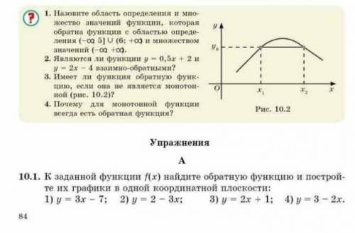 К заданию функции f(x) найдите обратную функцию и построить графики на одной из плоскости. 1)y=3x-72