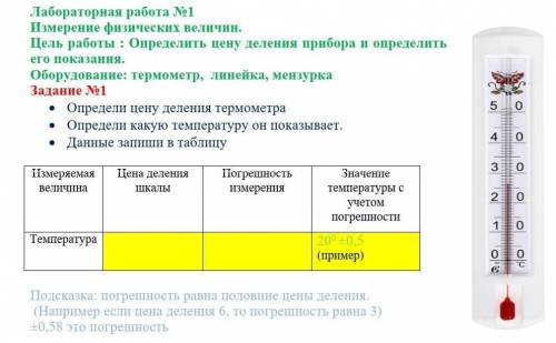 • Определи цену деления термометра • Определи какую температуру он показывает.• Данные запиши в табл