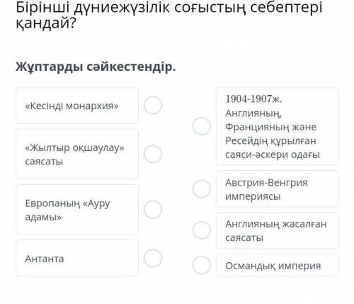 Бірінші дүниежүзілік соғыстың себептері қандай? Жұптарды сәйкестендір.Кесінді монархия Жылтыр оқшаул