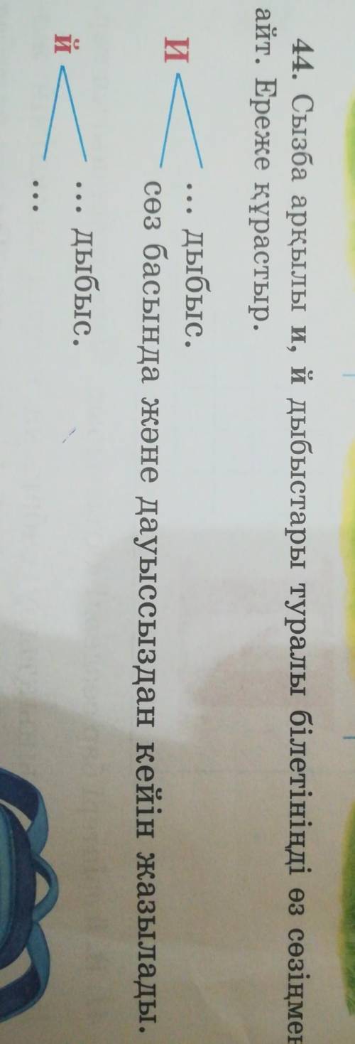 44. Сызба арқылы и, й дыбыстары туралы білетініңді өз сөзіңмен айт. Ереже құрастыр.Идыбыс.сөз басынд